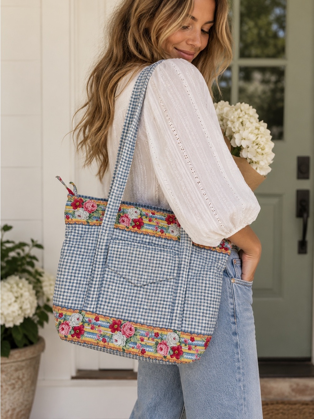 Vintage Vera Bradley Blue Gingham Yellow Rose Floral Trim Tote Bag